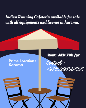 Indian Running Cafeteria available for sale with all equipments and license in karama.