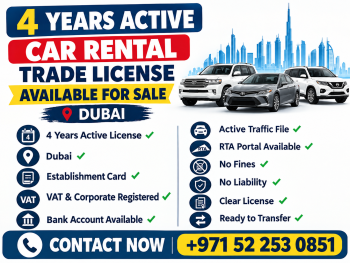 4 YEARS OLD ACTIVE CAR RENTAL TRADE LICENSE AVAILABLE FOR SALE - DUBAI 